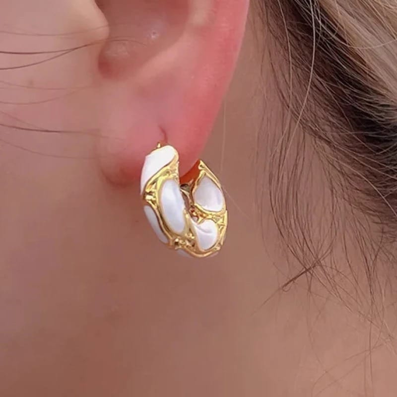 Esmaljeret Hoop Ørering "Klar Hvid" (Hvid & Guld) - Imagem 2